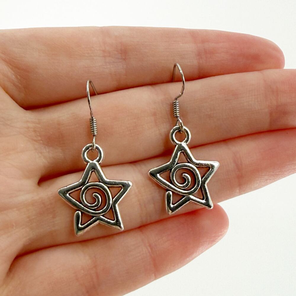 Silver Tone Star Spiral Dangle Earrings | Celestial Boho Witchy Jewelry